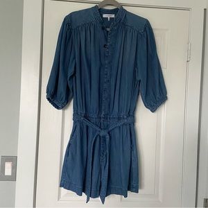 Frame Womens Joanie Denim Belted Romper Size Large Blue 1/2 Sleeve Pockets